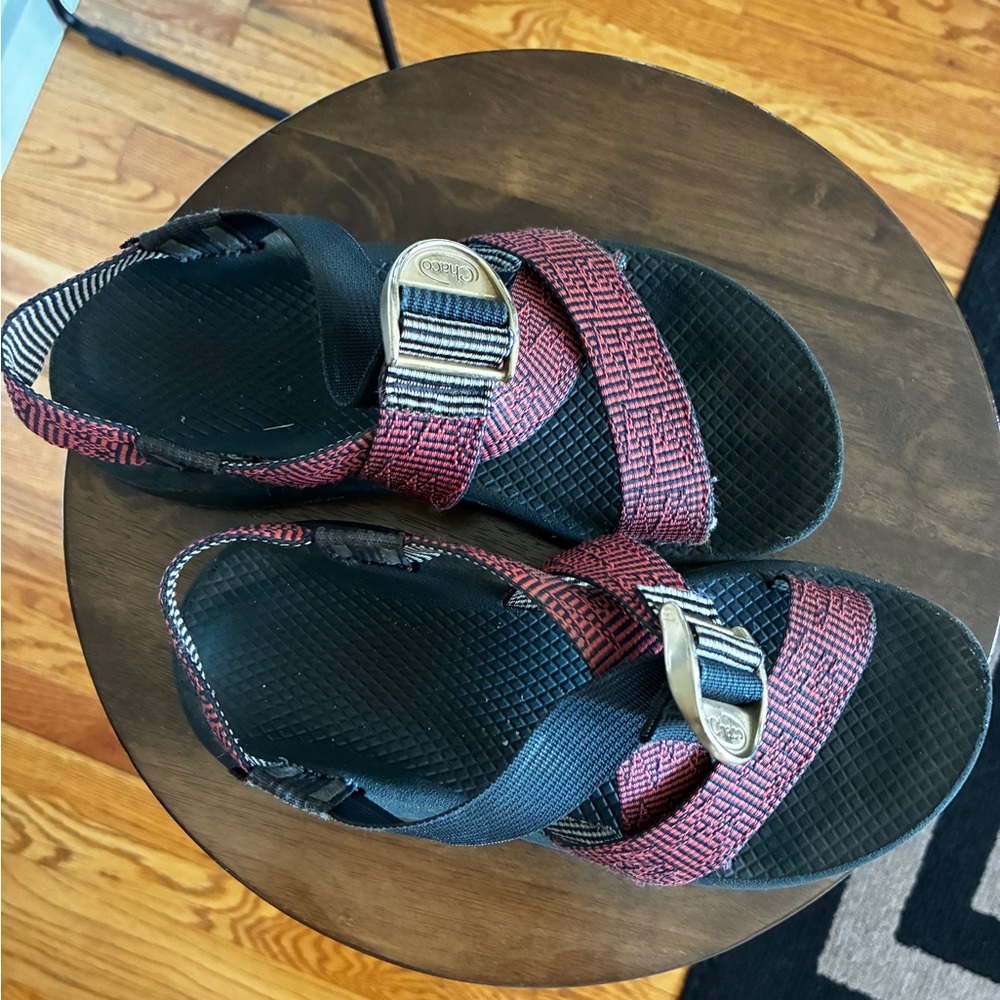 Chaco Black and Red Strapped Sandals - Gold Metal Buckle
